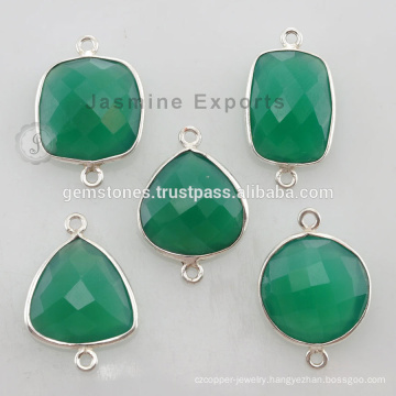 925 Sterling Silver Natural Green Onyx Gemstone Bezel Setting Connector